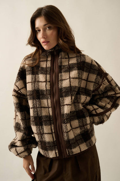 Plaid-Print Sherpa Fleece Zip-Up Collared Pocket Jacket no restocks
