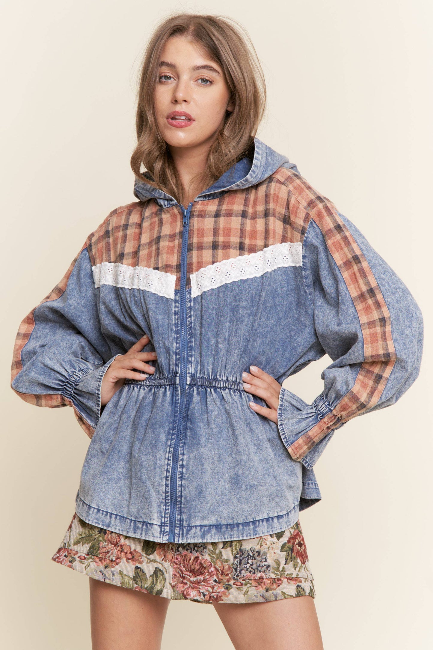 Mixed Media Denim Zip-Up Hoodie