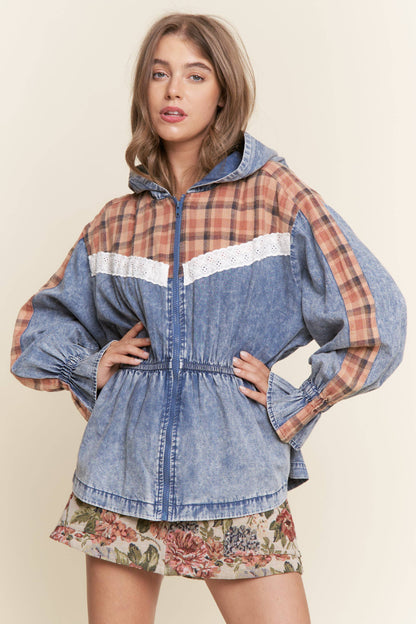 Mixed Media Denim Zip-Up Hoodie