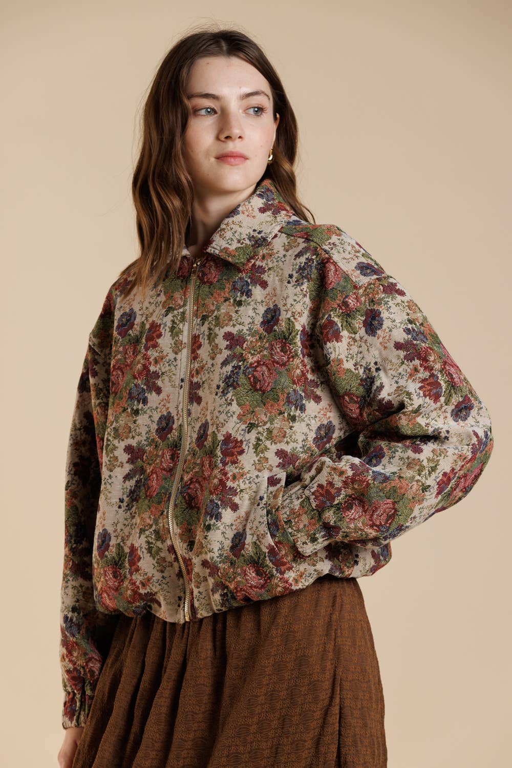 Vintage Rose Tapestry Zip-Up Bomber Jacket