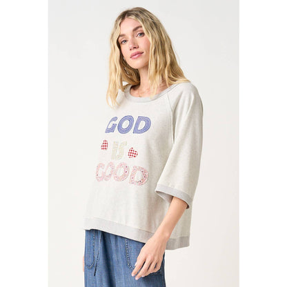 GOD IS GOOD PATCHWORK SHORT SLEEVE SWEATSHIRT TOP)