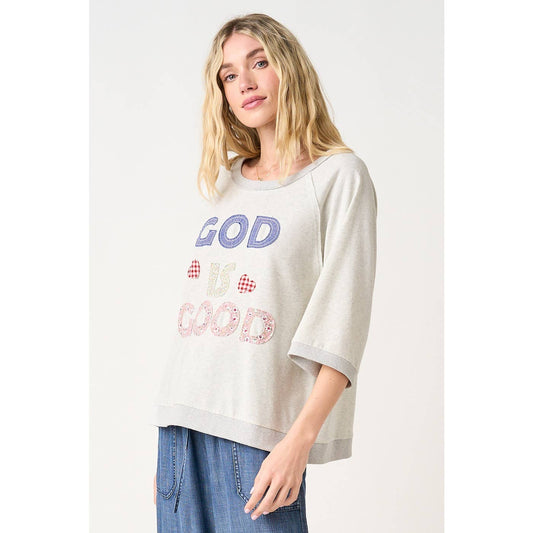 GOD IS GOOD PATCHWORK SHORT SLEEVE SWEATSHIRT TOP)