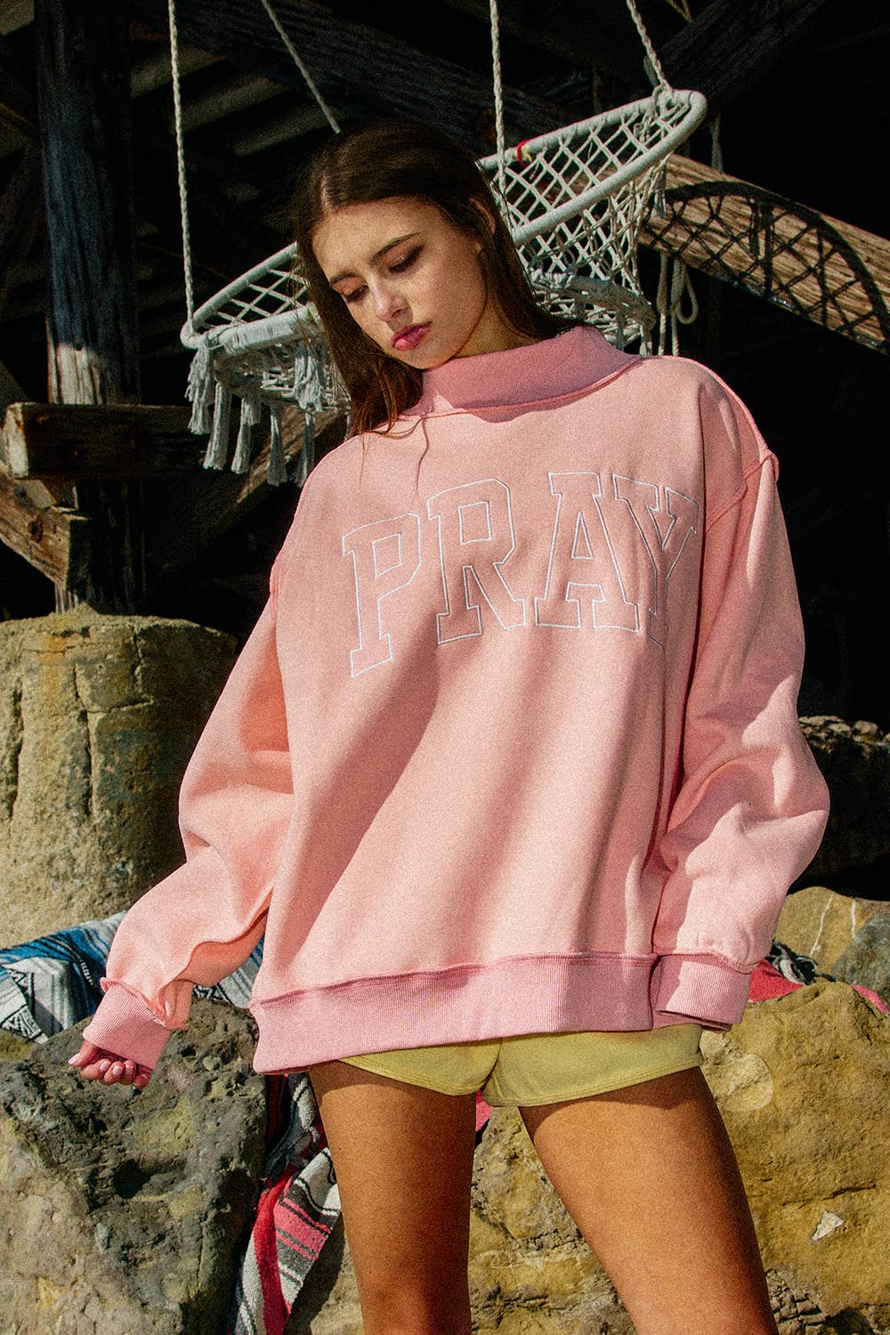 -PRAY  Embroidered Mock Neck Sweatshirt