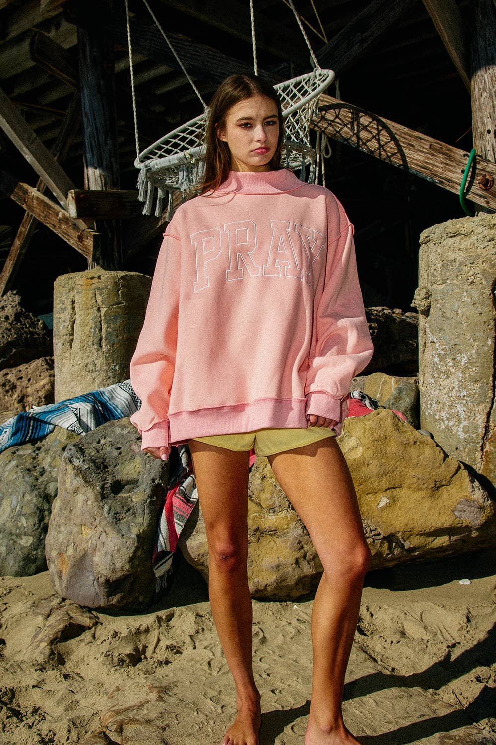 -PRAY  Embroidered Mock Neck Sweatshirt
