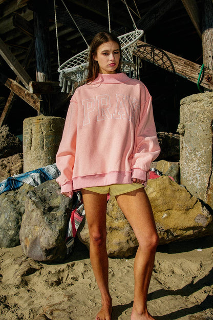-PRAY  Embroidered Mock Neck Sweatshirt