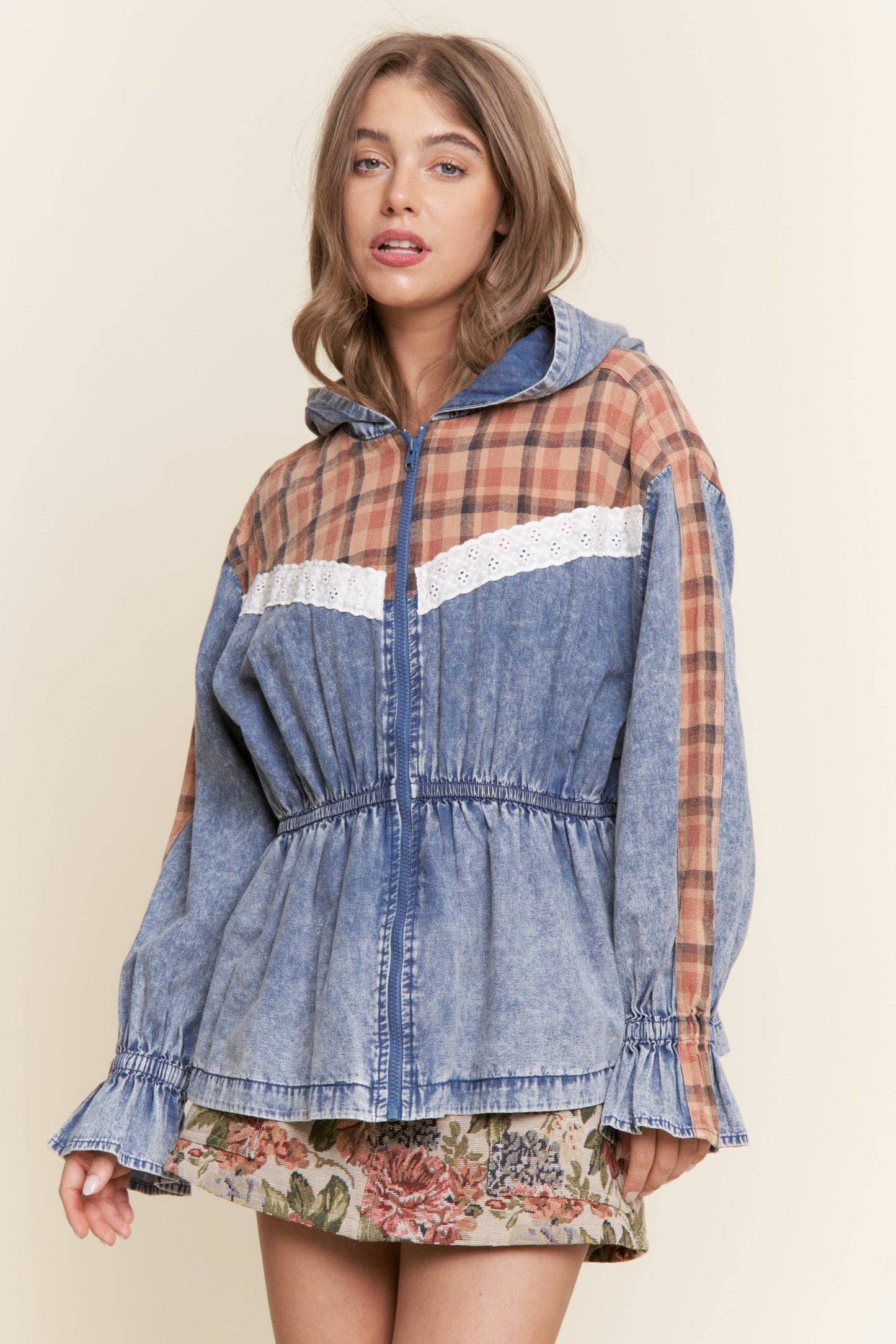 Mixed Media Denim Zip-Up Hoodie