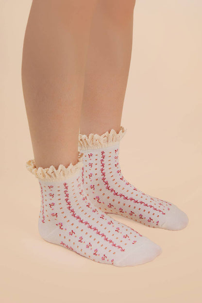 Lace Trim Detail Floral Printed Crew Socks