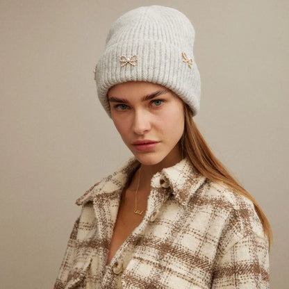 Pearl & Bow Ribbed Hat PINK